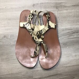 Michael Kors Gold Snakeskin-Print Thong Sandals with Brown Footbed